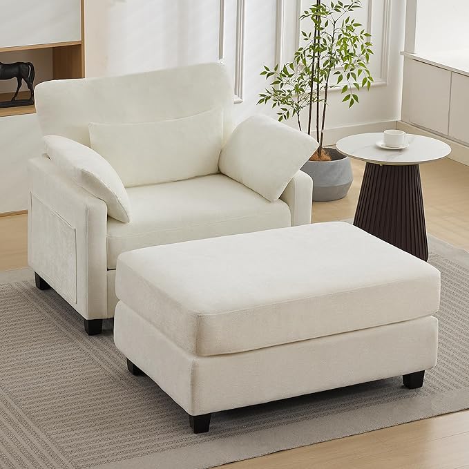 57.5 Oversized Chaise Lounge with Ottoman Indoor White Reading Chair with Ottoman &amp Sofa Bed Chenille Upholstered Comfy Sleeper Chair for Living Room Bedroom Office