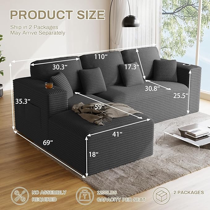 110 Modular Sectional Sofa Cloud Couch Modern Deep Seat Fluffy Corduroy Boneless Couch with Cup Holder Comfy L Shaped Sectional Couches for Living Room Bedroom. (Left Facing Dark Grey)