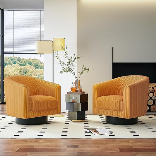 Swivel Accent Chairs Set of 2 360° Bucket Chair Modern Upholstered Barrel Armchair Comfy Corduroy Single Sofa for Living Room Bedroom Orange