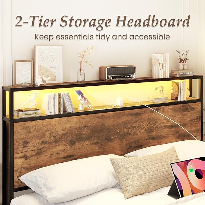Lifezone Full Bed Frame with 2-Tier Storage Headboard Metal Bed Frame with Storage Drawers &amp Built-in Charging Station &amp LED Noise-Free No Box Spring Needed Easy Assembly Retro Brown