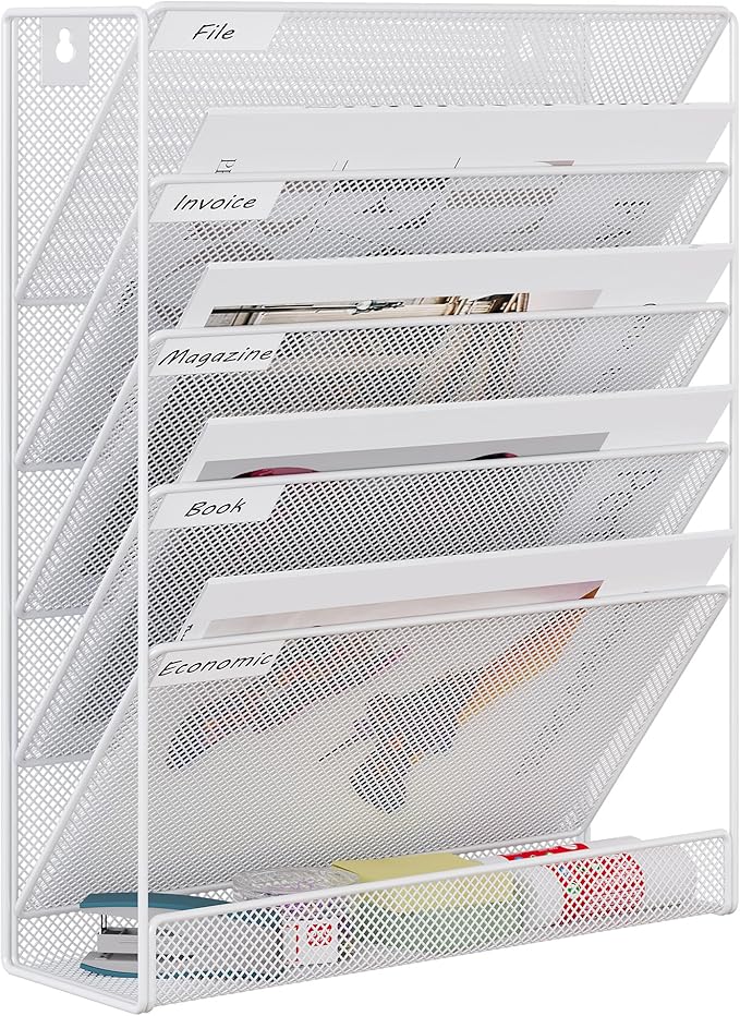 EasyPAG 5 Tier Wall File Holder Mesh Hanging Folder Organizer with Classify Label Versatile Desk File Holder Vertical Wall Mounted Mail Organizer for Office Home Cubicle White