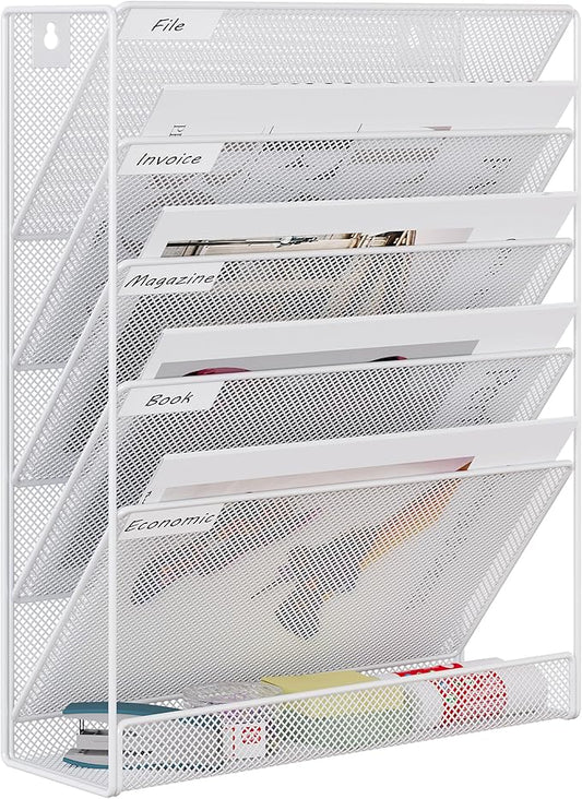 EasyPAG 5 Tier Wall File Holder Mesh Hanging Folder Organizer with Classify Label Versatile Desk File Holder Vertical Wall Mounted Mail Organizer for Office Home Cubicle White