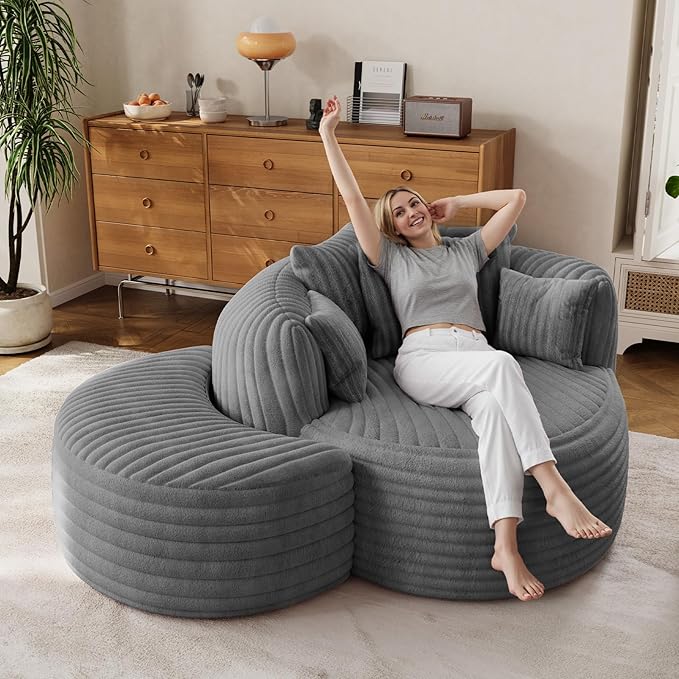 50 Oversized Chaise Lounge Indoor Round Reading Chair Lounge Chair with Ottoman Boneless Sofa Bed Large Fluffy Plush Corduroy Chaise Chair for Living Room Playroom Bedroom Grey