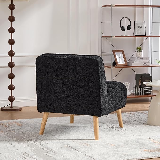 GDFStudio 24.4 Wide Modern Accent Chair Armless Upholstered Lounge Chair with Chenille Fabric &amp Rubber Wood Legs Compact Space-Saving Design for Living Room Bedroom Office - Black
