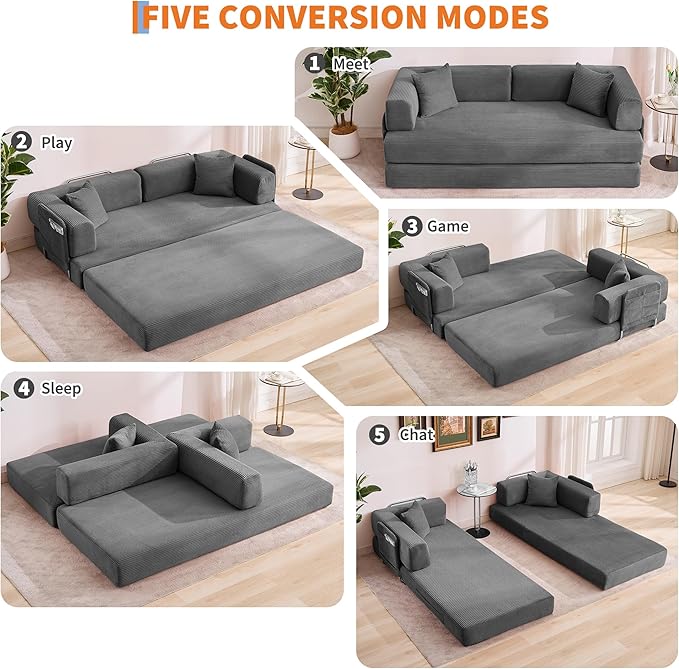 Garvee 5-in-1 Convertible Sofa Bed 78.8 Modular Corduroy Sleeper with Sturdy Frame &amp No Assembly Multi-Functional Futon for Small Space Living Room &amp Guest Room (Green) (Gray-A)