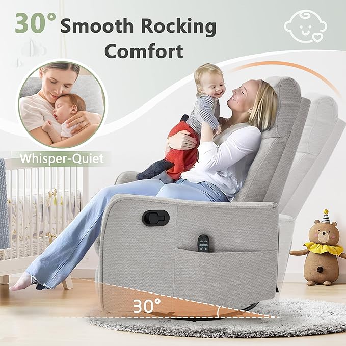 cinkehome Heated Massage Swivel Rocker Recliner Chair Nursery - Small Space Reclining Chair with Lumbar Support 360° Swivel &amp Gentle Rocking Ergonomic High Back Chenille Fabric Beige
