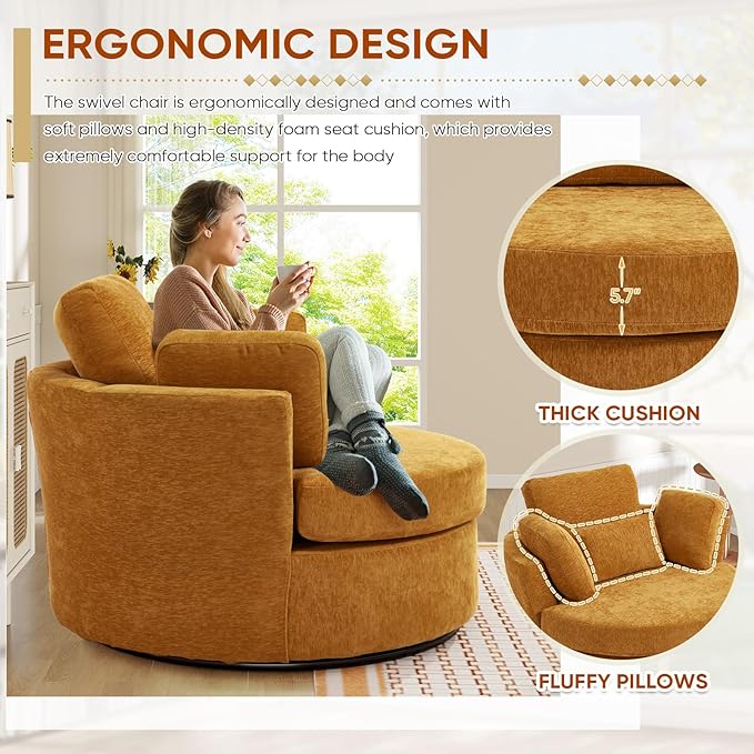 Oversized Swivel Accent Barrel Chair Set of 2 Chenille Upholstered Comfy Round Swivel Chair with Pillows 360 Degree Modern Lounge Reading Sofa Armchair for Nursery Living Room Bedroom(Yellow)