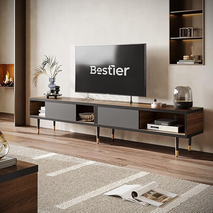 Bestier Mid Century Modern TV Stand for 85 inch tv Entertainment Center with Storage and Sliding Doors 2 in 1 Long TV Cabinet for Living Room Ancona Walnut
