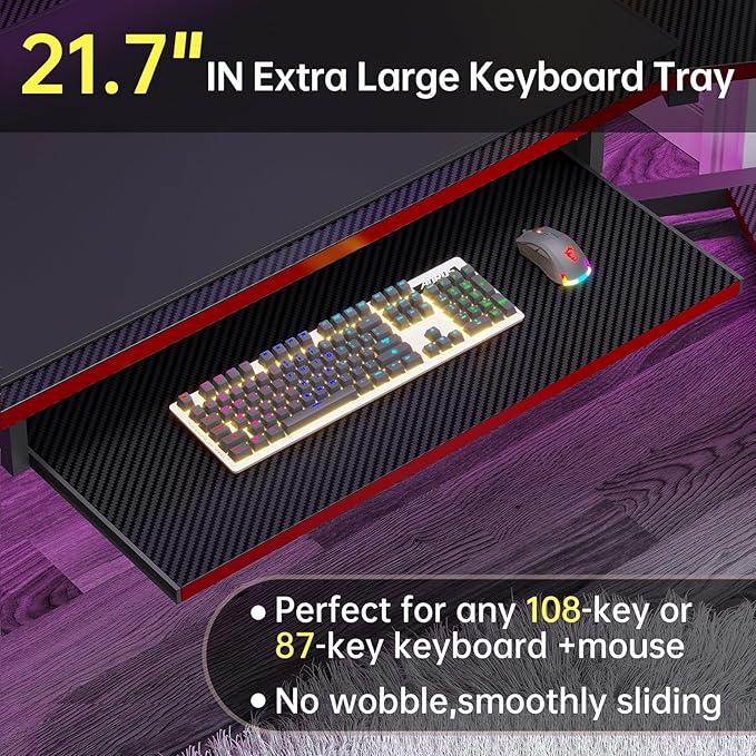 SEDETA 79 Gaming Desk Computer Desk with 2 Fabric Drawers &amp LED Light L Shaped Gaming Desk with Storage Shelf for Home Office Carbon Fiber Black&ampRed