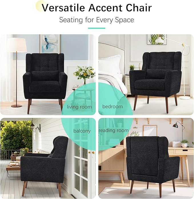 Modern Accent Chair Chenille Fabric Upholstered Tufted Side Chair Wingback ChairMid Century Reading Armchair with Waist Pillow Backrest for Living Room Bedroom (Black)
