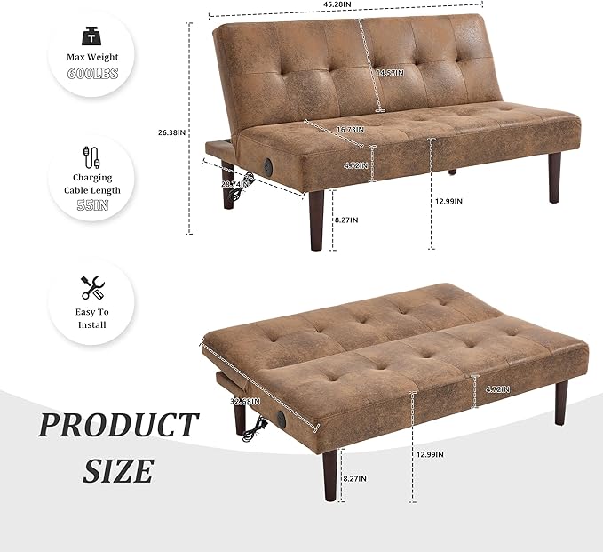 Anwick Convertible Futon Sofa Bed with Charging Port 45″ Folding Sleeper Sofa Adjustable Backrest Small Couch for Living Room Small Spaces Or Office Modern Loveseat (Coffee)