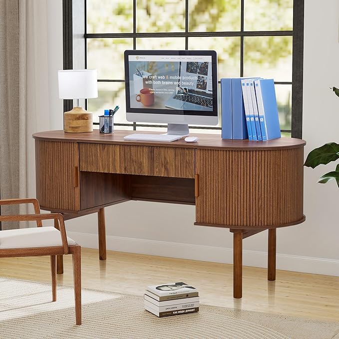 ORRD Home Office Oval Desk with Sliding Tambour Door and Drawer Modern Fluted Wood Executive Computer Storage Desk for Study Living Room Bedroom Office - Walnut
