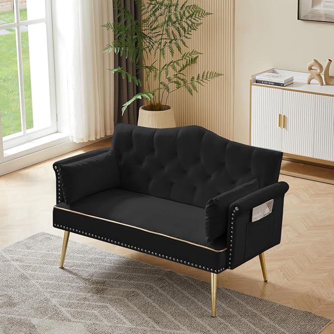 Small Velvet Loveseat Sofa with Gold Metal Legs55-inch Modern Sofa Couch with 2 Side PocketsCouch with Tufted Backrest for Living Room Bedroom Office (Black)