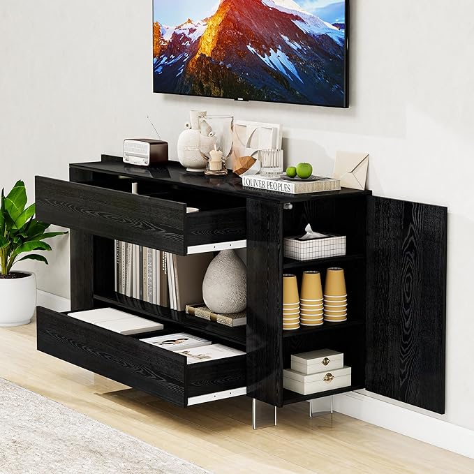 TV Stand for 55 Inch with 2 Large Drawers &amp Hidden Storage Cabinets Modern Farmhouse Entertainment Center Television Stands for Living Room Bedroom Black Wood Grain