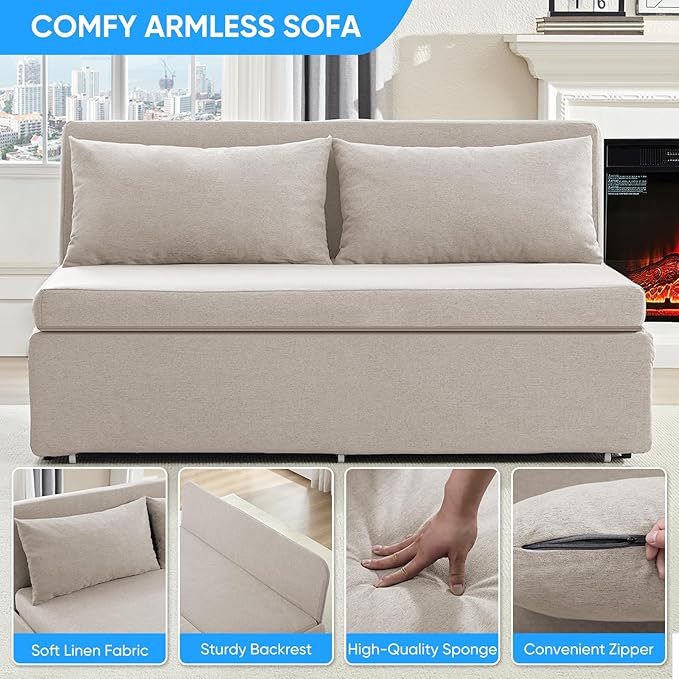 Mjkone 62 Width Pull Out Sleeper Sofa Bed Queen Size 2-in-1 Modern Convertible Linen Sofa Sleeper Pull Out Couch Bed with Cushions &amp Throw Pillows for Living Room Home Office Small Place Beige