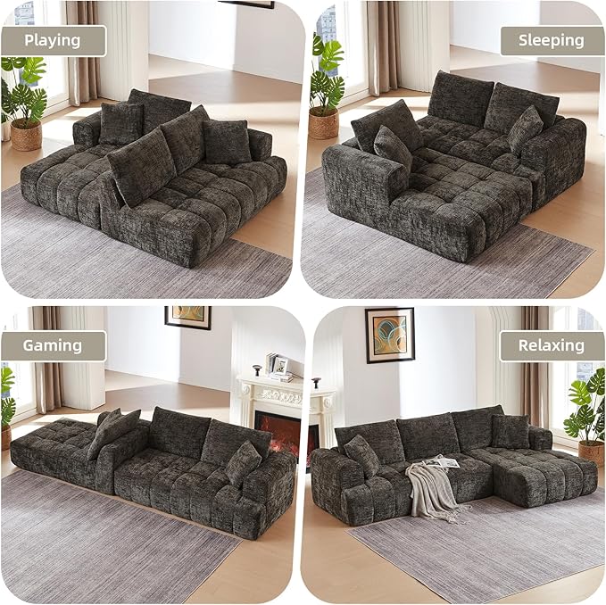 110 Inch Cloud Sectional CouchModern Upholstered Sofa with Deep SeatChenille Boneless Couches with L-Shape ChaiseSponge Compressed Couches for Living Room (Brown Right Facing Chaise)