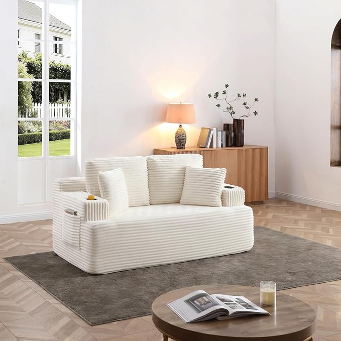 Floor Loveseat Boneless Sofa Couch in a Box with Cup Holder and Side Pockets Corduroy Upholstered 2 Seater Cloud Foam Sofa with Deep Seating for Living Room No Assembly | Breathable material Cuphol