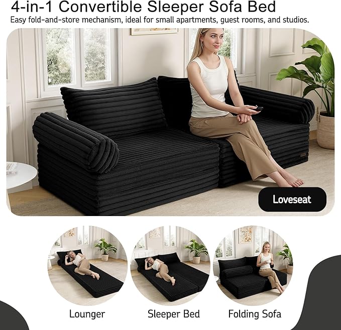 MeMoreCool Convertible Sofa Bed Folding Floor Couch Bed Queen Pull Out Sleeper Couch with Pillows Fold Out Futon Sofa for Bedroom Living Room Small Space Corduroy Black