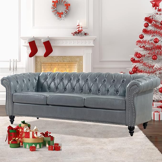 Grey Chesterfield Sofa Faux Leather Couch for Living Room Comfy Deep-Seated 3-Seater Couch for Bedroom Office or Apartment. Sofa Furniture with 84-inch Roll Arms