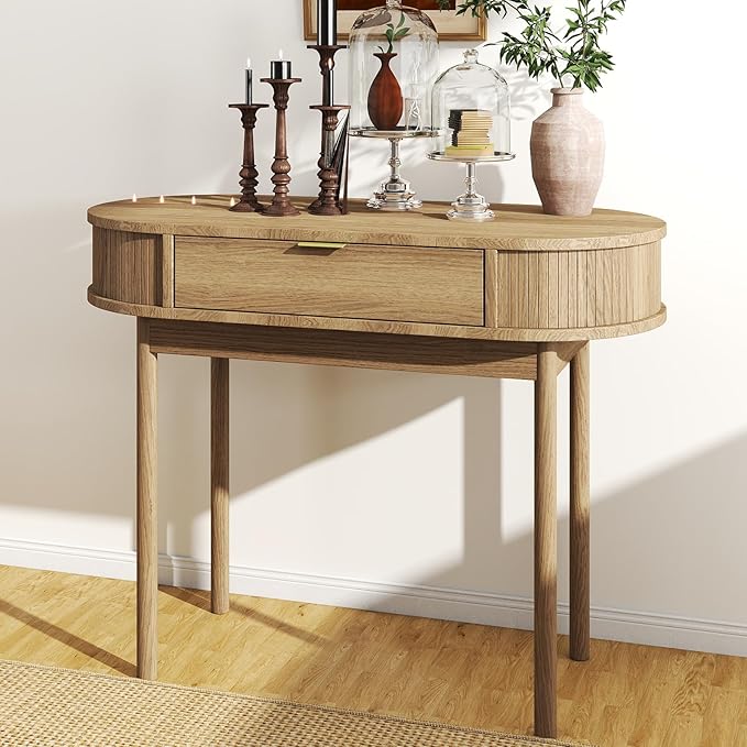 SoarFlash 39 Inch Small Computer Desk with Drawer Mid-Century Modern Writing Desk with Solid Wood Legs - Compact Home Office Desk &amp Makeup Vanity for Small Space Bedroom Study Table in Brown