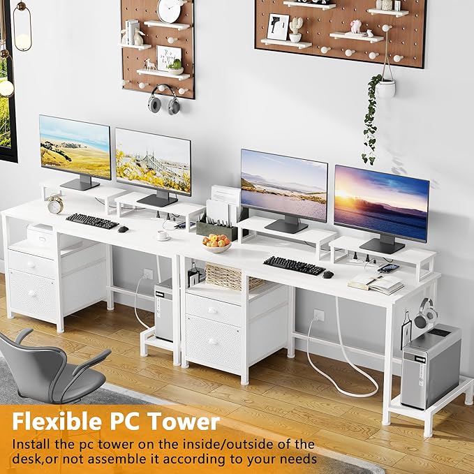 Furologee 47 Computer Desk with File Cabinet and Power Outlets Home Office Desk with 2 Monitor Stands and Storage Drawer Writing Gaming Table with Shelves and 2 Hooks for Bedroom White