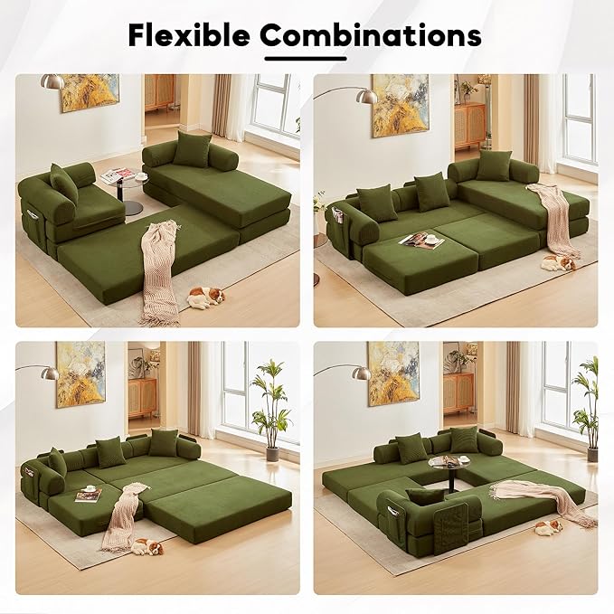 L Shaped Modular Sofa Bed with Cylindrical Pillow &amp Reversible Chaise Corduroy Folding Floor Convertible Sofa Couch Bed with Fixed-Shape Frame &amp Storage Pocket for Living Room Green