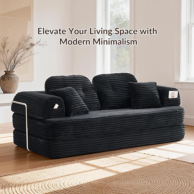 Floor Sofa Bed Corduroy Modular Couch for Small Apartment &amp Compact Space Convertible Futon Sofa with Large Ergonomic Back Cushions No Assembly Modern Loveseat (Graphite 82'')