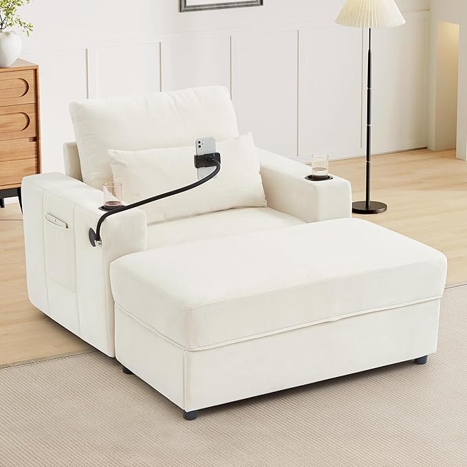 42.5 Oversized Armchair with Ottoman Storage Overstuffed Chair and a Half with Cup Holders &amp USB Port Chenille Accent Chairs for Bedroom Living Room Reading Phone Holder Side Pocket (Beige)