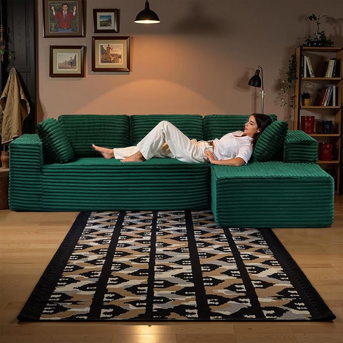 LUCKLIFE 105” Sectional Boneless Couch Modular Cloud Corduroy Fabric Sofa for Living Room Bedroom with Deep Seat Wide Arms and High-Density Foam No Assembly (EG L Shape with Right Facing Chaise)