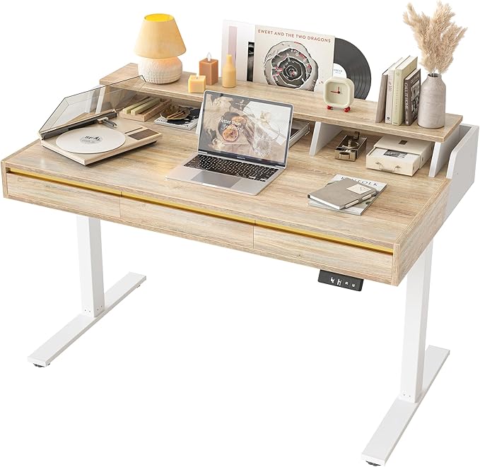 TIQLAB Standing Desk with 3 Drawers 47 Electirc Sit Stand Desk with Storage Height Adjustable Computer Desk Modern Home Office Desk with Monitor Stand Maple