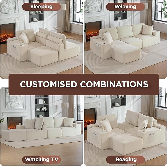 110Modular Sectional Sofa CouchesConvertible L-Shape Cloud Couch 3 Seat Oversize Chaise with OttomanCompressed FoamComfy BonelessSide PocketsCup Holders for Living RoomApartmentCorduroy Beige