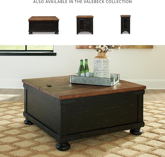 Signature Design by Ashley Valebeck Lift Top Coffee Table Storage Split-top Design Wood 36 W x 36 D x 18 H 2-tone Distressed Brown &amp Black Finish