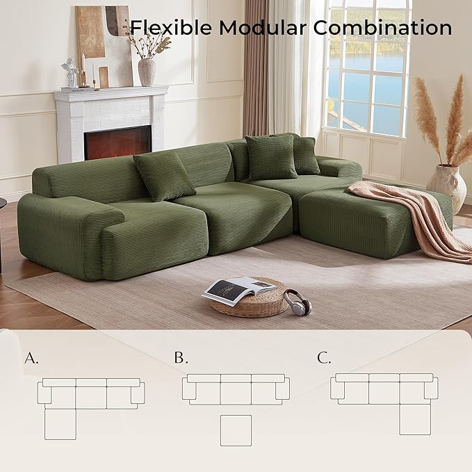 CHITA Modular L-Shaped Sectional Sofa Deep Seat Modern Comfy Couches for Living Room Oversized Boneless Sofas with Large Ottoman Corduroy Upholstery Green No Assembly Required