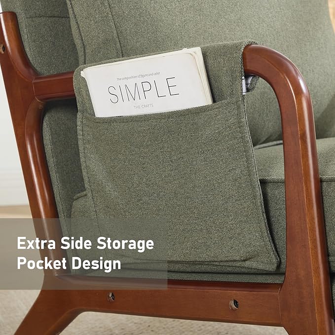 ANJ Mid Century Modern Accent Chair Lounge Reading Armchair with Extra Side Pocket &amp Detachable Cushion Comfy Fabric Accent Chairs for Living Room BedroomGreen