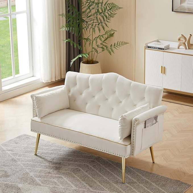Small Velvet Loveseat Sofa with Gold Metal Legs55-inch Modern Sofa Couch with 2 Side PocketsCouch with Tufted Backrest for Living Room Bedroom Office (Beige)