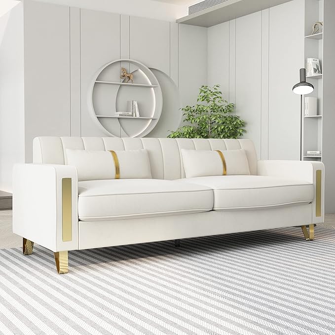 Modern Velvet Loveseat Sectional Sofa with Gold Legs 86 Large Beige Upholstered Deep Seat Chaise for 3-4 Persons Living Room Office Apartment