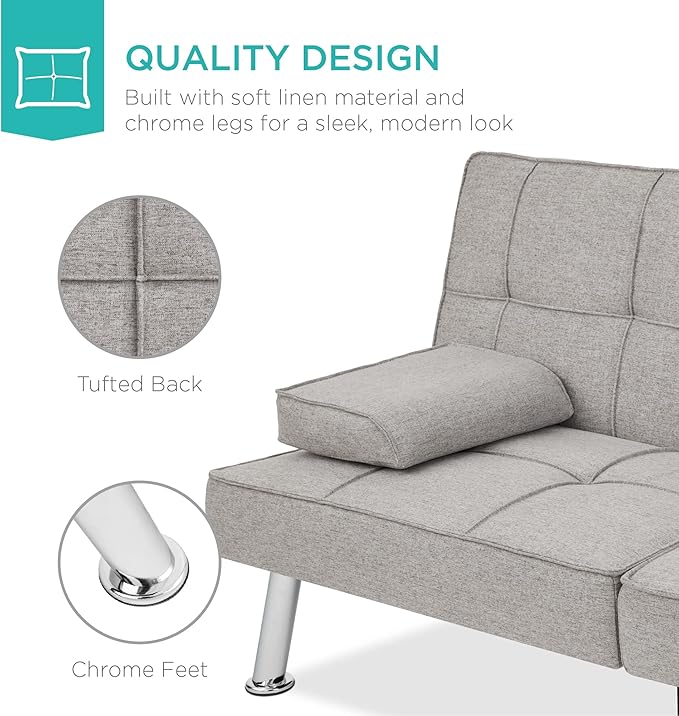 Best Choice Products Linen Modern Folding Futon Reclining Sofa Bed for Apartment Dorm w/Removable Armrests 2 Cupholders - Light Gray