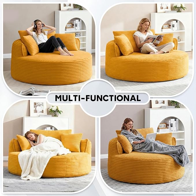 Oversized Round Chair Lounge Chaise Indoor 53.5 Corduroy Boneless Round Chair Fluffy Single Deep Seat Cloud Sofa Chairs Modern Circle Chaise Lounge for Bedroom Living Room Yellow