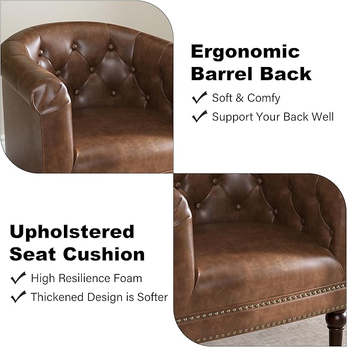 Accent Chair Upholstered Faux Leather Barrel Chair with Nailed Trim Comfy Club Armchair for Reading Living Room Bedroom Waiting Room (Rust Set of 1)