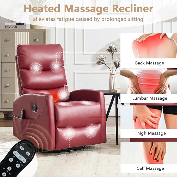 cinkehome Small Swivel Rocker Recliner Chair with Heated Massage Upholstered Nursery Glider Recliner Chair High Back Side Pocket (Red PU Leather)