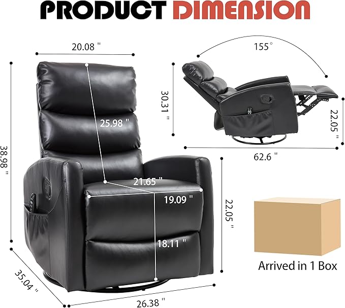 Luxlen Manual Swivel Rocker Recliner Chair with Massage Overstuffed Recliner Glider with Vibration Massage and Heat for Nursery Living Room Reclining Sofa Chair PU Leather Black