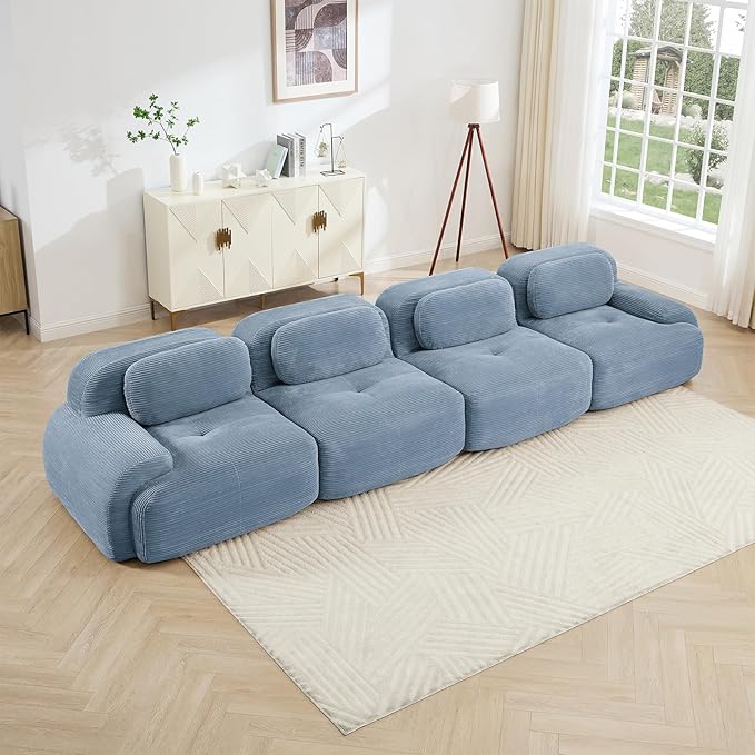 152 Modern Compressed Boneless Couch 4 Seater Sectional Couches for Living Room Blue Corduroy Cloud Modular Sectional Sofa Comfy Memory Foam Extra Deep Sofas para Sala No Assembly