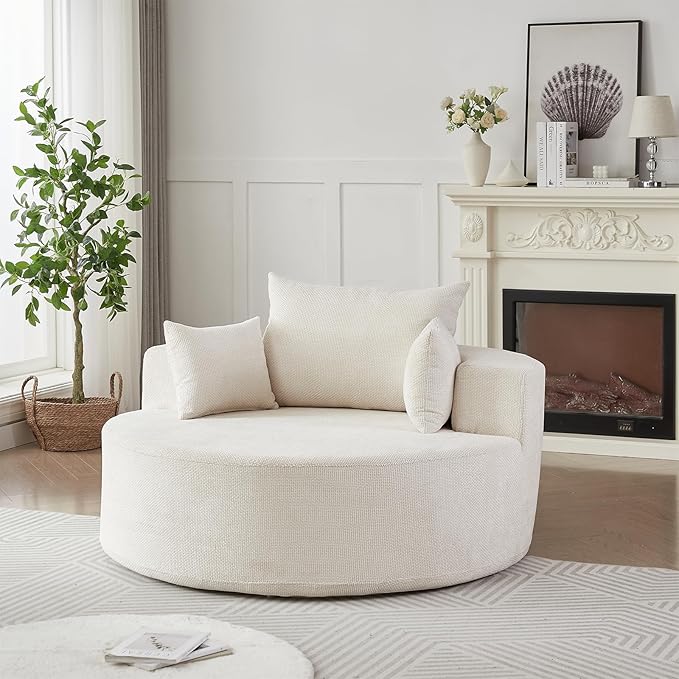 Oversized Round Chaise Lounge Chair Indoor 55W Circle Comfy Armchair with Deep Seat Floor Cloud Boneless Chair Upholstered Modern Cozy Sofa Chairs for Living Room Bedroom(Grid Chenille Beige)