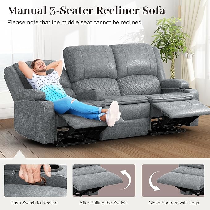 Recliner Sofa 3 Seater Manual Reclining Sofa with 2-Tier Cushion Reclining Couches for Living Room with Removable Console Hidden Storage Space Cup Holders - Gray