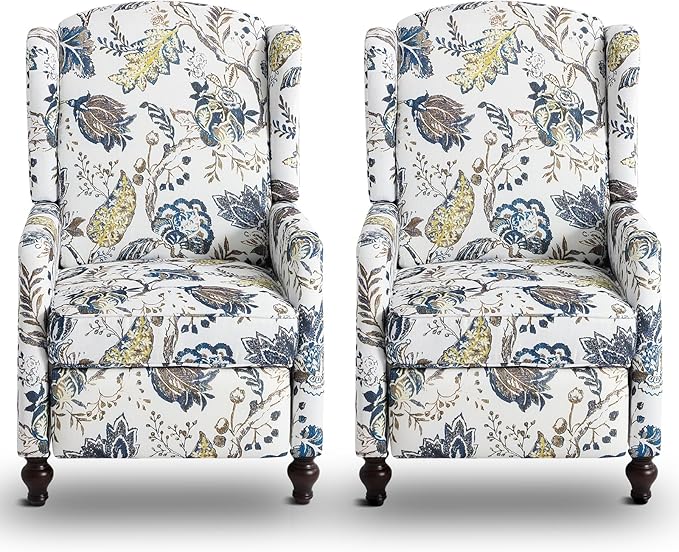 Wingback Recliner Chair Traditional Push Back Recliner Chair with Padded Seat Upholstered Wingback Chair Mid Century Modern Floral Recliner for Living Room(2 Blue Floral)