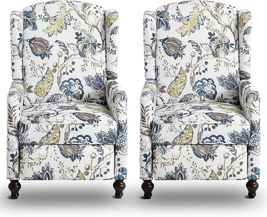 Wingback Recliner Chair Traditional Push Back Recliner Chair with Padded Seat Upholstered Wingback Chair Mid Century Modern Floral Recliner for Living Room(2 Blue Floral)
