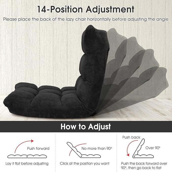 Giantex Folding Floor Chair with Back Support 14 Adjustable Position Padded Sleeper Bed Couch Recliner Floor Gaming Chair for Adults Meditation Living Room Bedroom Black
