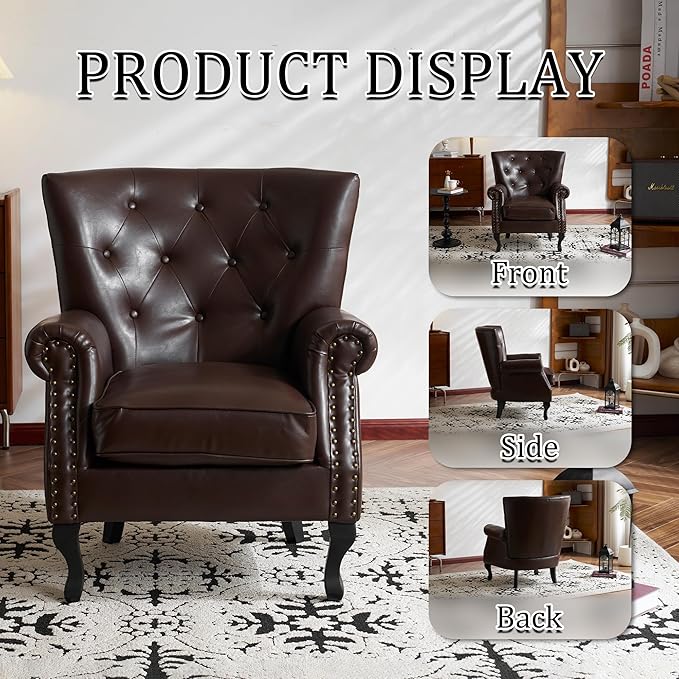 Modern Accent Chair Set of 2 Mid-Century PU Leather Armchair with Solid Wood Legs Single Sofa Chair for Living Room Bedroom Leisure Room or Reading Room(Caramel)