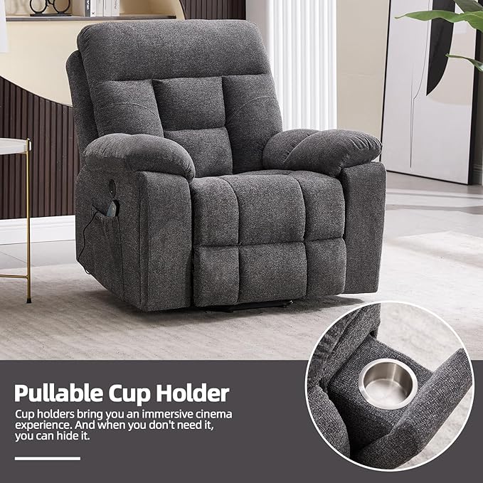 CANMOV Large Power Lift Recliner Chair with Massage and Heat for Elderly Big and Tall People Overstuffed Wide Recliners with 2 Cup Holders Side Pocket and USB Port Dark Grey