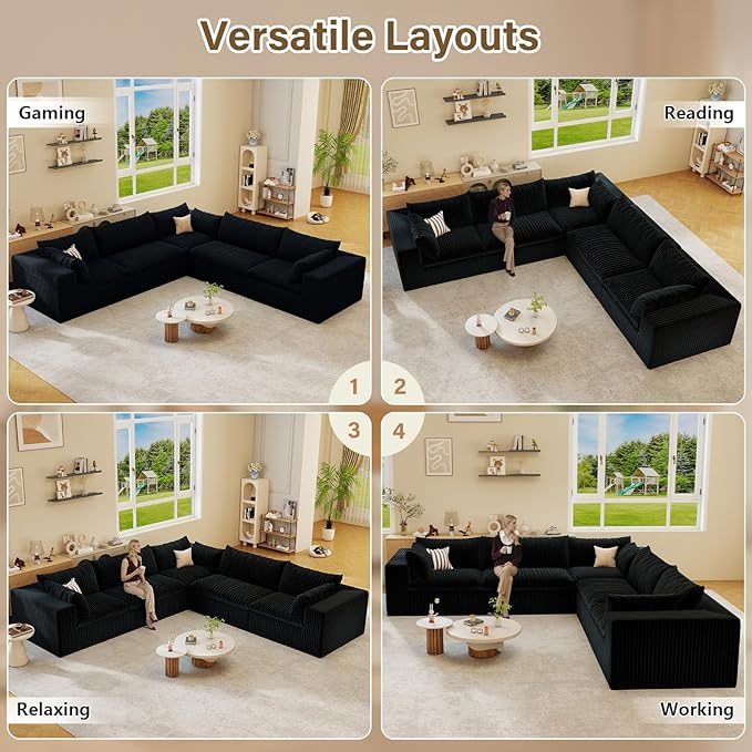Modular Sectional Sofa Corduroy Plush L Shape Cloud Couch Modern Deep Seat Boneless Couches for Living Room Large Compression Sofas Luxury Fluffy Couchs Sectionals Black
